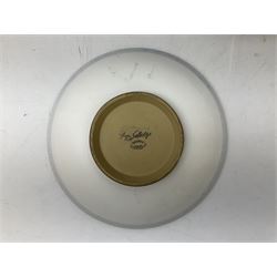 Three pieces of Denby stoneware, comprising Glyn Colledge vase,  H30cm, Glyn Colledge dish, D32cm, and further similar vase 