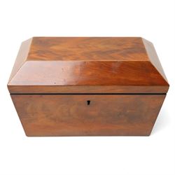 19th century German rosewood box with silver plated mounts, W28cm D20cm; 19th century mahogany two section tea caddy, of sarcophagus form, W23cm D12.5cm (2)