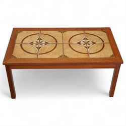 Mid-20th century Danish teak coffee table, rectangular form with inset ceramic tiled top d...
