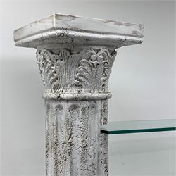 Architectural four shelf glass shelving unit supported by two Corinthian columns, W205cm, H179cm, D30cm