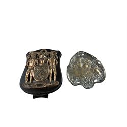 Bronze Ross family crest mounted on wooden strut frame, together with Art Nouveau card tray, after WMF, depicting two maidens amongst stylised flowers, tray H24cm