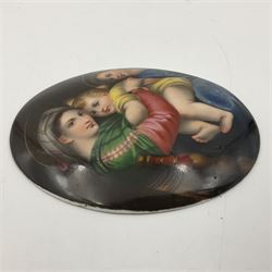 19th century Continental porcelain plaque, of oval form, painted with the Madonna and Child after Raphael, unmarked, possibly KPM, H12cm W9cm 