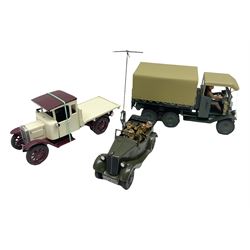 CJB Morris Military Field Wireless car with antenna, driver and operator L11cm; CJB Military covered wagon with two figures; and CJB maroon and white painted flat-bed truck with driver (3)