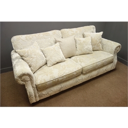  Rodgers of York pair three seat sofas upholstered in embossed fabric with scatter cushions, W225cm  