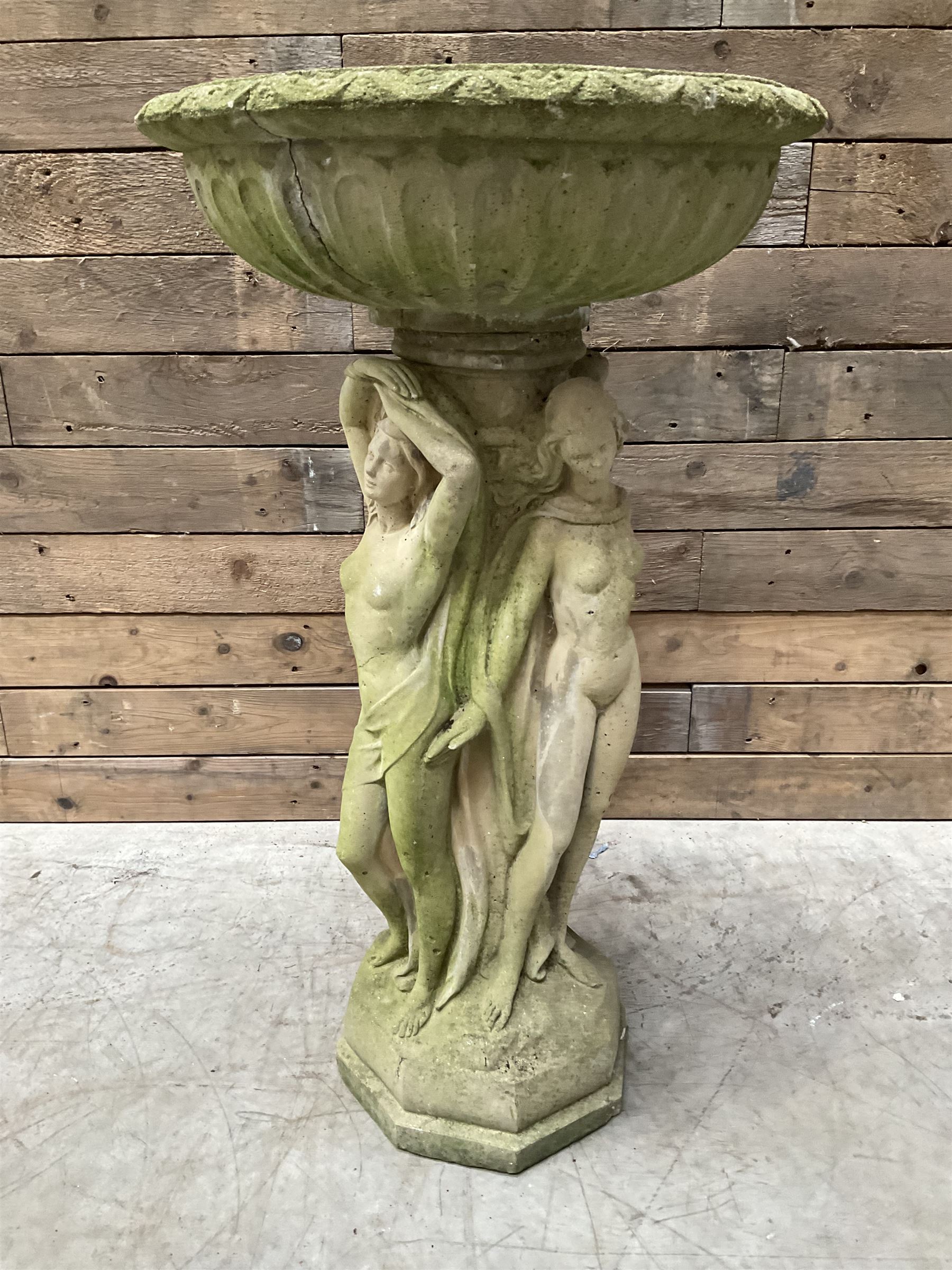 Cast stone bird bath, pedestal in the form of 'The Three Graces'