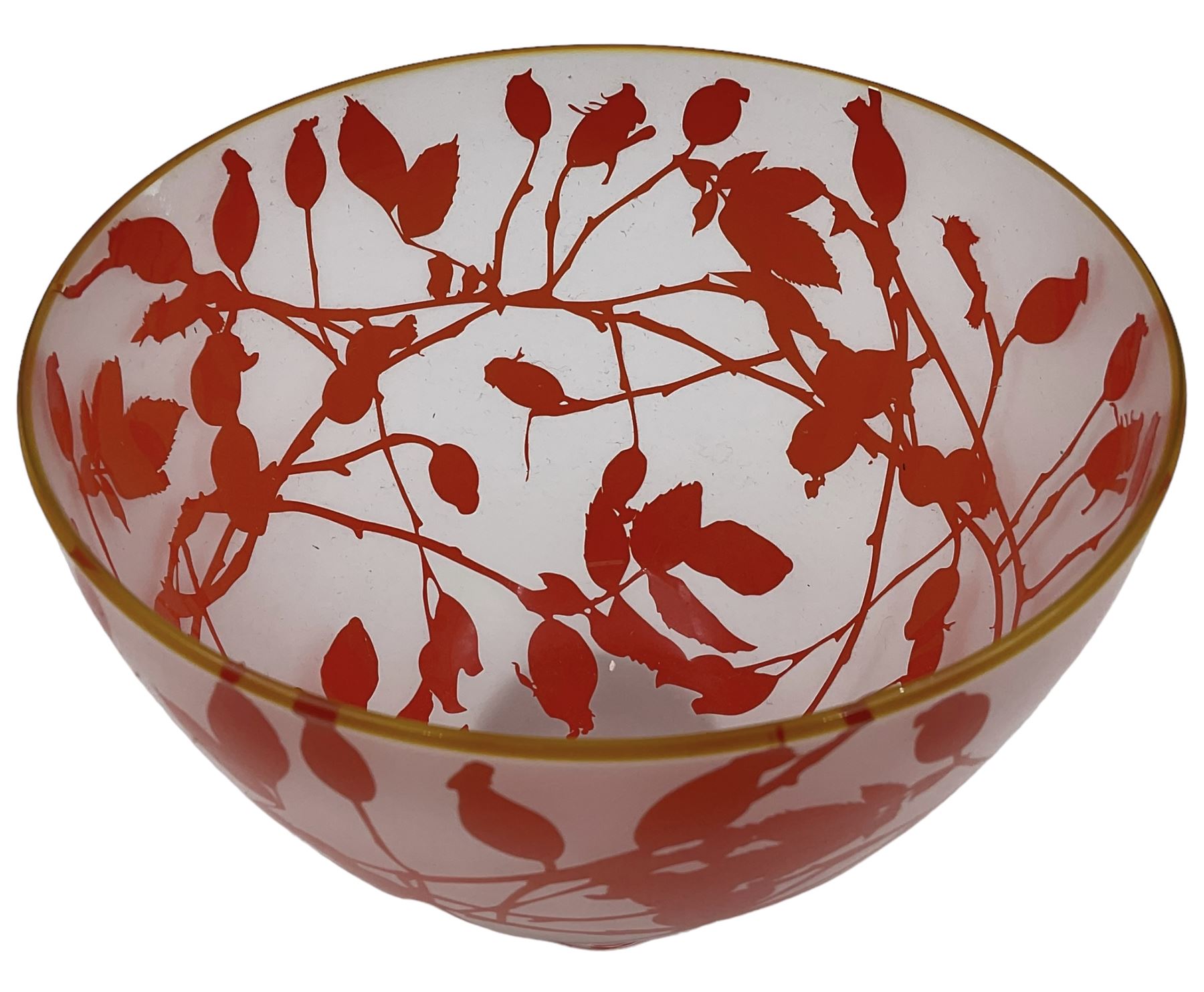 Gillies Jones of Rosedale glass bowl decorated with orange buds with orange rim, upon a short clear tapering foot, signed to base, H13cm D15cm