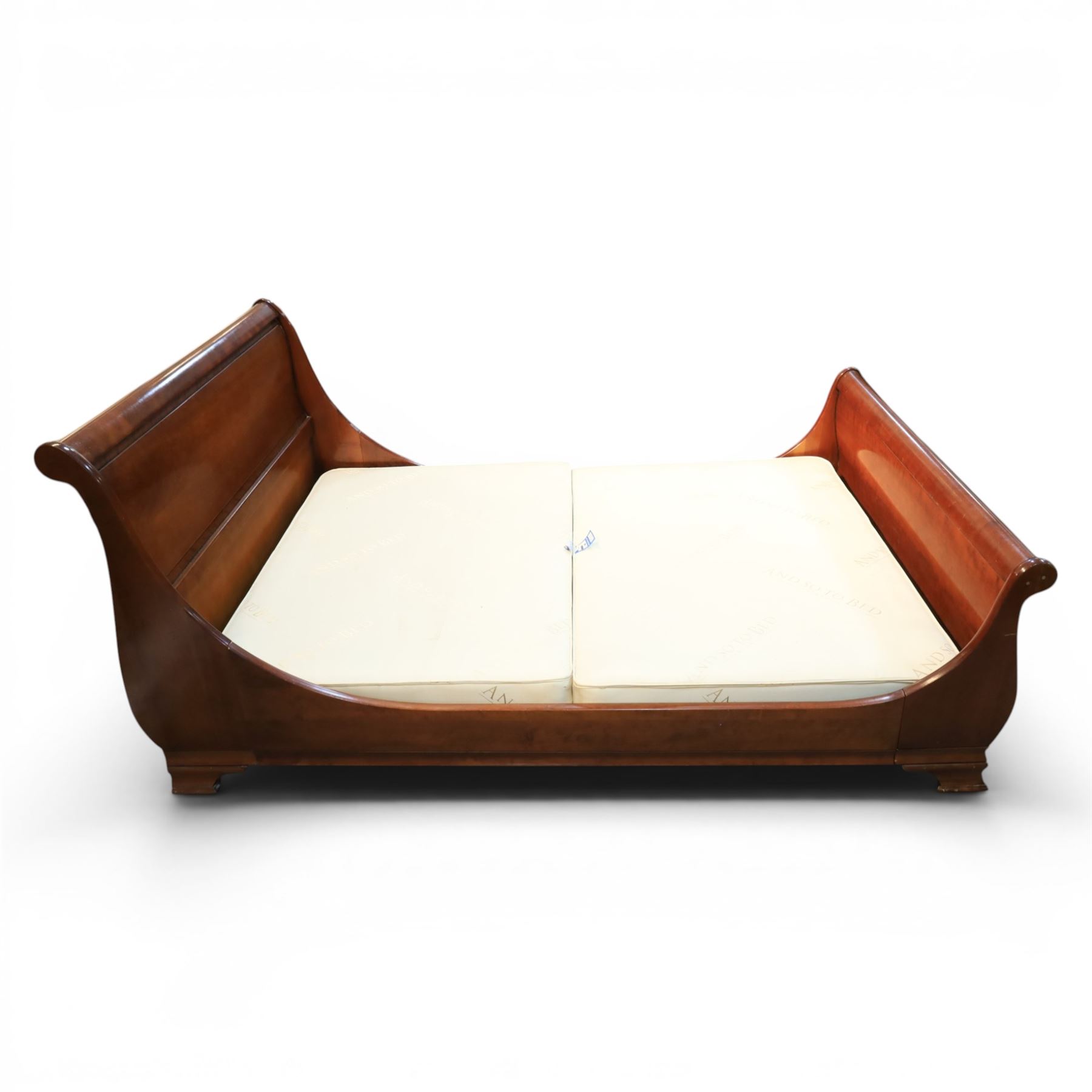 And So To Bed - 5' king size cherrywood sleigh bed, shaped scroll headboard and footboard with rounded cylindrical top rails, panelled boards and moulded side rails, on short bracket feet