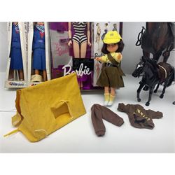 Barbie - 35th Anniversary fashion doll in factory sealed box; incomplete Magical Motorhome; three fashion doll horses; two Wardair flight attendant dolls; and Girl Guide doll with clothing and tent