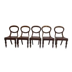 Set five late 19th century mahogany dining chairs, balloon back over oxblood leather drop-in seats, raised on tapered lappit supports