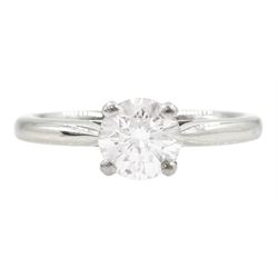 Platinum diamond ring, single stone round brilliant cut diamond of 0.91 carat, in a four c...