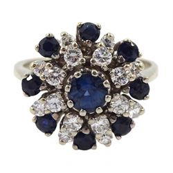 18ct white gold sapphire and diamond cluster ring, hallmarked