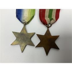 Eleven WW2 medals comprising three 1939-1945 war medals, two Defence medals, three 1939-1945 Stars, Atlantic Star, Africa Star and Italy Star; miniature QEII Naval LS & GC medal; all with ribbons; and WW2 postumous medal slip to Flight Sergeant L.N. Clark