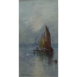 Frank Rousse (British fl.1897-1917): Fishing Boats near the Harbour Mouth Whitby, watercolour signed 47cm x 24cm