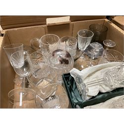 Caithness 'Fireball' paperweight, together with four cased Tyrone Crystal glasses, glass oil lamp, three glass decanters etc, in two boxes