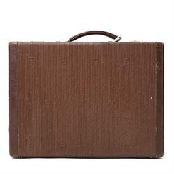 Fendi structured briefcase, brown FF monogram embossed leather with linear texture and sin...