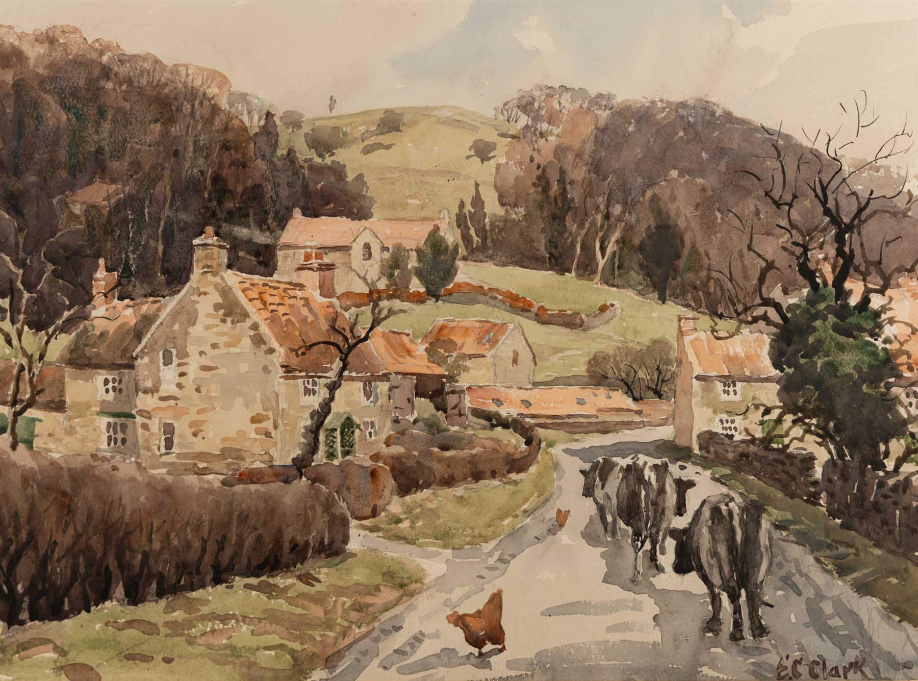 E C Clark (British 20th Century): 'Rievaulx Village', watercolour signed, titled verso 36cm x 49cm
