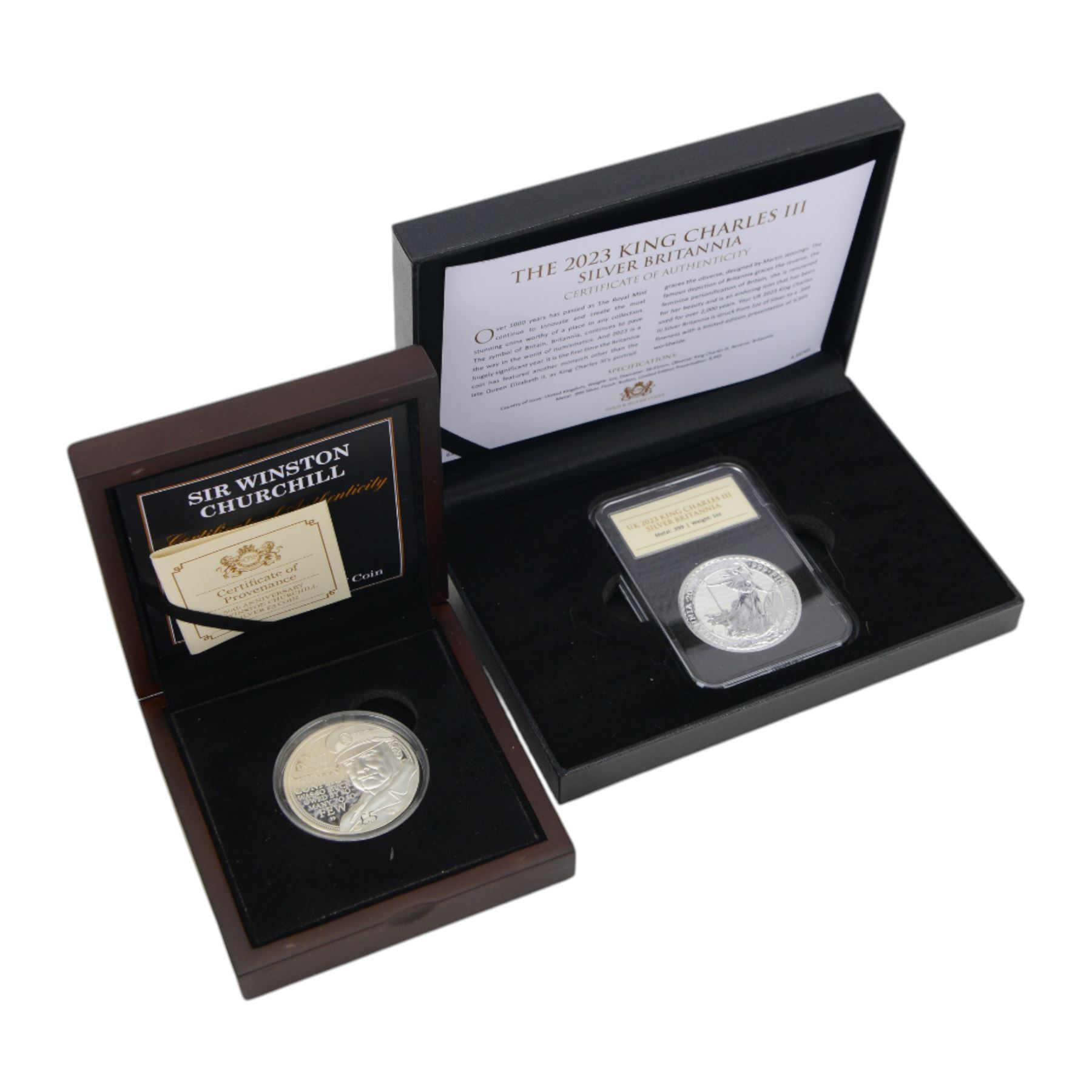 Great British and World silver coins, comprising King Charles III 2023 fine silver one ounce Britannia, Queen Elizabeth II Jersey 2015 'Churchill' silver proof five pound coin, three silver proof one pound coins, United States Mint 2019 'Apollo 11' silver proof one dollar coin, Royal Canadian Mint 2015 'Summer Storm' fine silver twenty dollar coin, Queen Victoria 1887 silver one crown coin, and London Mint 2005 'Prince of Wales and Duchess of Cornwall' prototype