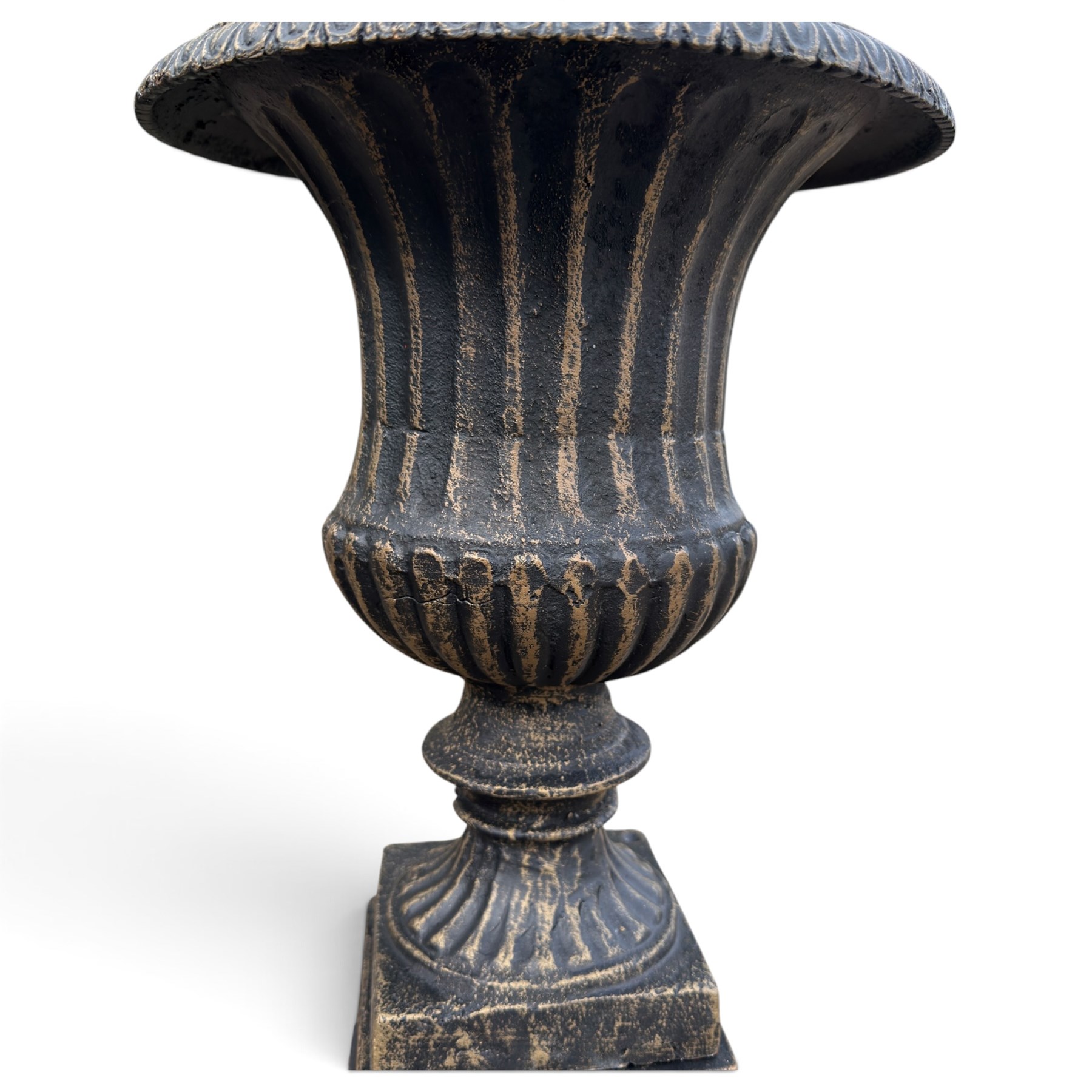 Pair of Neoclassical design black and gilt painted cast iron garden urns of campana form, with egg-and-dart rims and fluted bodies, on knopped stems, fluted socles and stepped square plinth bases
