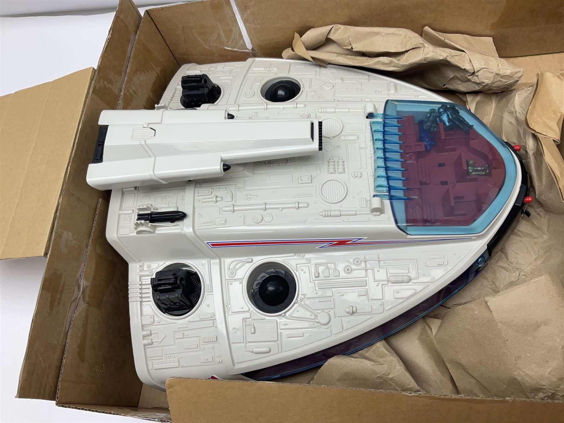 Two 1980s Bluebird Manta Force spaceship playsets - Red Venom and Entire Space Battle Force in one Gigantic Ship; both boxed with instructions.; and quantity of spare figures