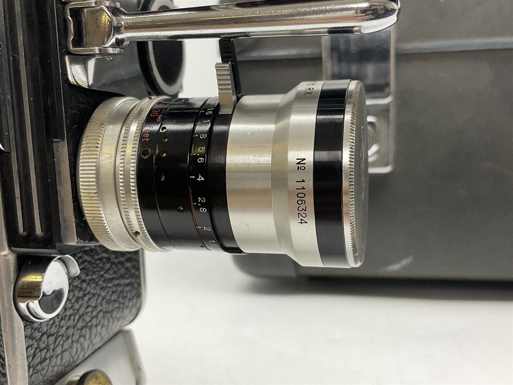 Bolex H16 Reflex camera body, serial no. 136928, with 'Macro-Switar 1:1.9 f=75mm' lens, serial no. 1131474, Switar H16 RX 1:1.6 f=10mm' lens, serial no. 1106324, with hard carry case