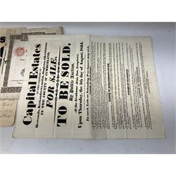 Seven late 19th/early 20th century auction posters of Hull/Yorkshire interest for properties in Hithe (Hive) 1852, South Cave 1880, Ellerker 1904, Hive 1921, Osbaldwick 1921, Balfour Street Hull 1922 and Sancton 1922; another for Cumberland 1824; two early 'This House To Let' posters; posters unframed and folded; and auction particulars for Gator Court, Ashburton, South Devon 