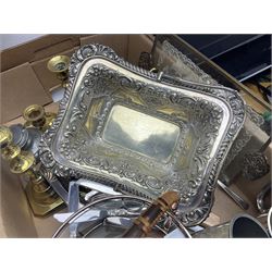 Quantity of silver plated and other metal ware to include Community cutlery and brass, together with Polaroid tv etc in three boxes
