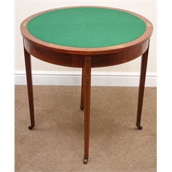  Edwardian inlaid demi lune games table, baize inset interior, square tapering support, W76cm, H75cm, D38cm  