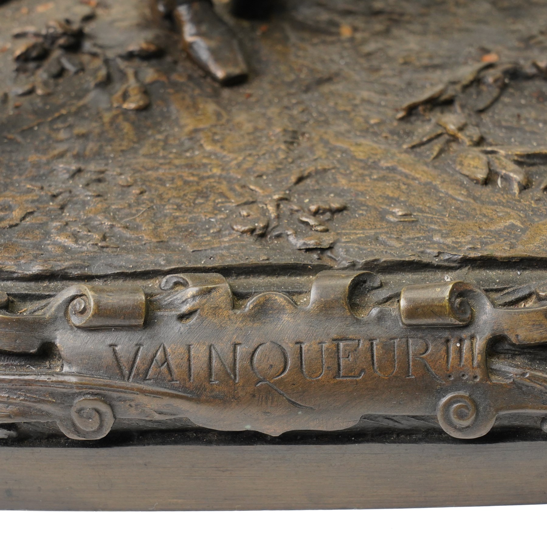After Pierre Jules Mene (French 1810-1879): Vainqueur!!!, bronze equestrian group of a Derby jockey leading his horse on naturalistic moulded oval base, titled signed and dated 1866, H37cm W43cm