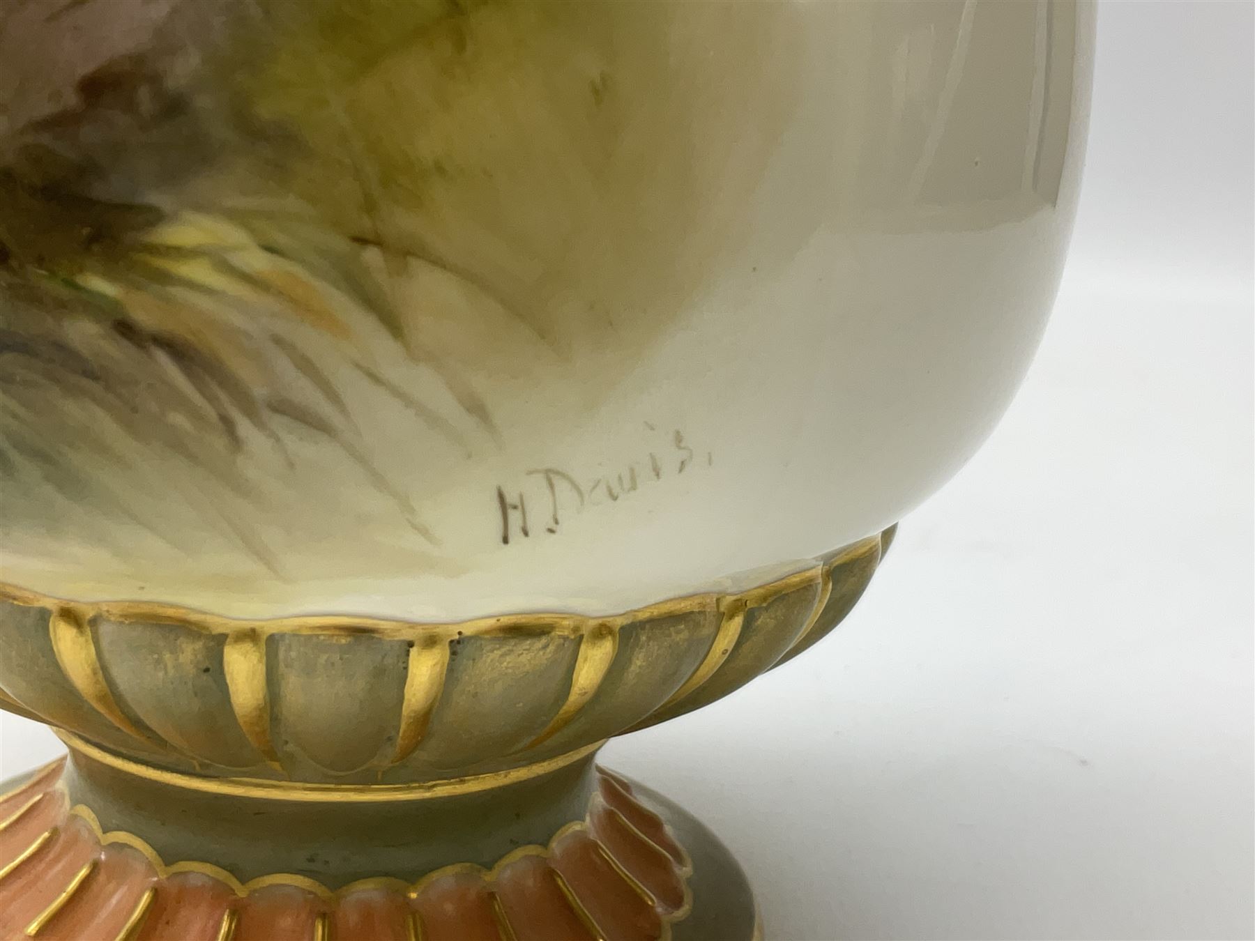 Early 20th century Royal Worcester vase decorated by Harry Davis, of ovoid form with twin acanthus mounted handles and waisted high neck supporting a domed cover, upon a circular foot, the body hand painted with sheep in a highland landscape, signed H Davis, with puce printed marks beneath including shape number 2425, and date code for 1907, H27.5cm