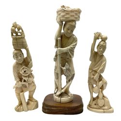 Three Japanese Tokyo School ivory figure, 19th century, comprising of man standing holding double gordes, man holding a flower with a basket on his head and a man with an adze and a basket with a frog in, tallest example H19cm, 