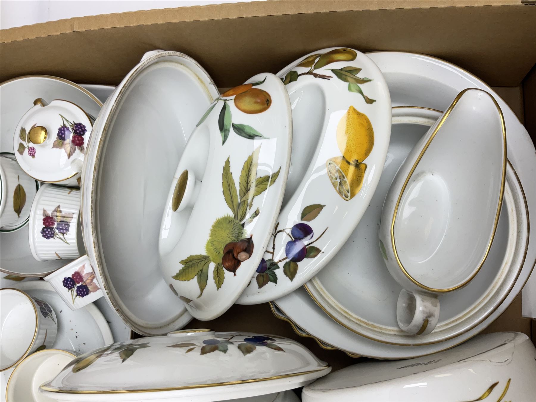 Royal Worcester Evesham pattern dinner wares, to include covered tureens, open dishes, sauce boat, cake stand etc, in two boxes 