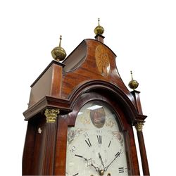 Denton & Fox of Hull – Early 19th century mahogany 8-day longcase clock c1802, pagoda pediment with an oval inlay and three ball and spire finials, break arch painted dial and hood door flanked by reeded pilasters with brass Corinthian capitals, long trunk door with conforming break arch top on a rectangular plinth raised on bracket feet, early Wilson (Birmingham) dial with Roman numerals, five minute Arabic’s and minute dots, subsidiary seconds dial and calendar aperture, with matching steel hands, floral spandrels within raised gesso work and a conforming oval depiction of a young maiden and dog to the break arch, dial pinned via a falseplate to a rack striking movement with a recoil anchor escapement striking the hours on a cast bell. With pendulum and weights.
Joseph Denton was a respected and prolific Hull clock maker working in Scale Lane Hull 1779 and Silver Street 1782-1814. Entering a short-lived partnership with Charles Fox from Beverley in 1802.
