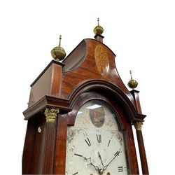 Denton & Fox of Hull – Early 19th century mahogany 8-day longcase clock c1802, pagoda pediment with an oval inlay and three ball and spire finials, break arch painted dial and hood door flanked by reeded pilasters with brass Corinthian capitals, long trunk door with conforming break arch top on a rectangular plinth raised on bracket feet, early Wilson (Birmingham) dial with Roman numerals, five minute Arabic’s and minute dots, subsidiary seconds dial and calendar aperture, with matching steel hands, floral spandrels within raised gesso work and a conforming oval depiction of a young maiden and dog to the break arch, dial pinned via a falseplate to a rack striking movement with a recoil anchor escapement striking the hours on a cast bell. With pendulum and weights.
Joseph Denton was a respected and prolific Hull clock maker working in Scale Lane Hull 1779 and Silver Street 1782-1814. Entering a short-lived partnership with Charles Fox from Beverley in 1802.
