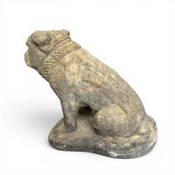 Cast stone garden statue on the form of a seated British bulldog with studded collar on a shaped rectangular base