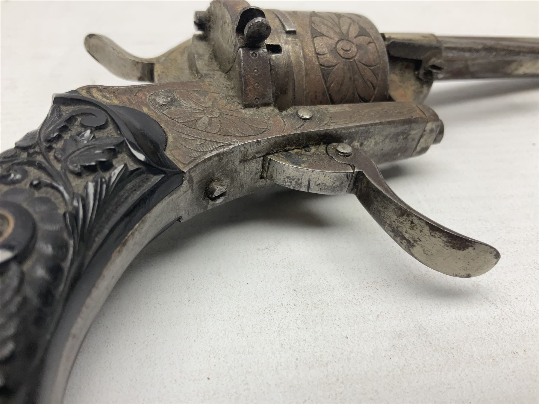 19th century Belgian 7mm pin-fire six-shot revolver with engraved action, folding trigger and ornate grips, ELG proof marks, No.4562 L20cm