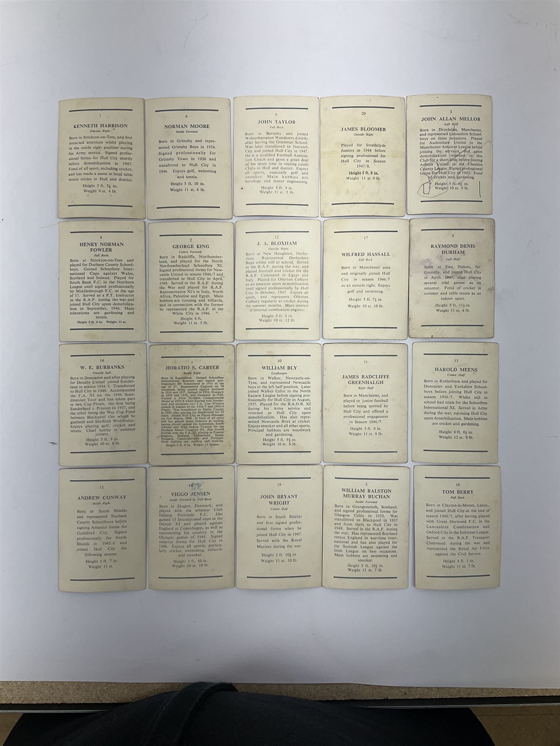 Football - Hull City - set of twenty trade cards 1950s including Raich Carter, Bill Bly etc