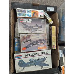 Collection of aeroplane model kits in three boxes, including Revell, Monogram, Airfix, etc