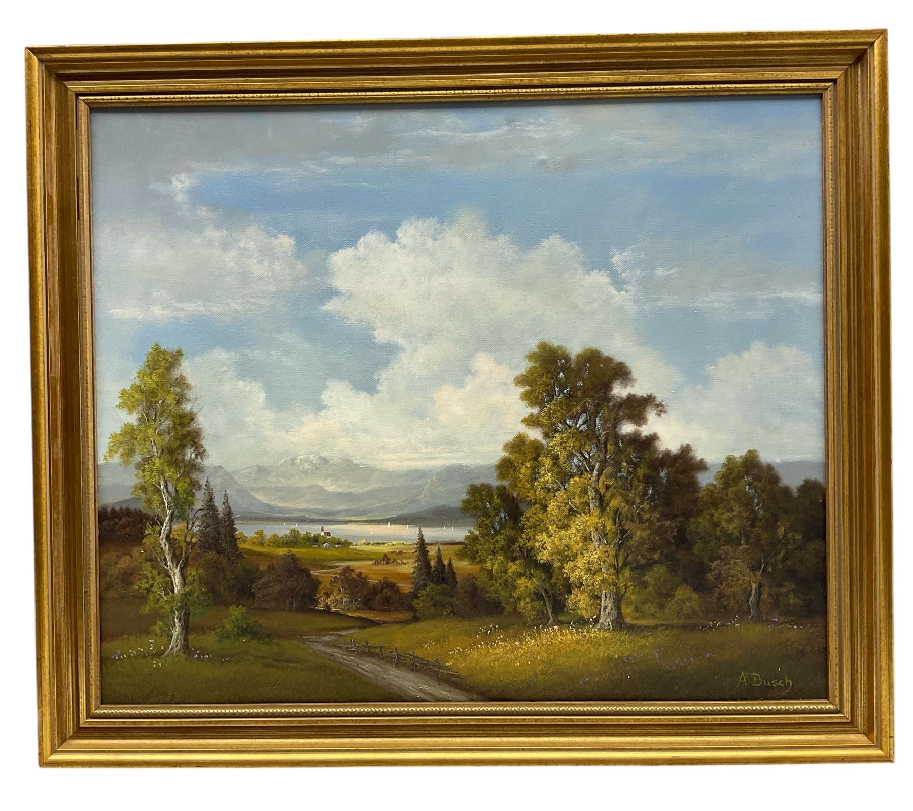 Andrew Grant Kurtis (British 1963-): Lakeside and Mountains, oil on canvas signed 49cm x 74cm; A Busch (British 20th Century): Cumbria, oil on canvas signed 49cm x 59cm (2)