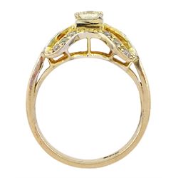 14ct gold diamond bow ring, the central princess cut diamond of approx 0.30 carat, with baguette and round brilliant cut diamond surround, stamped 585
