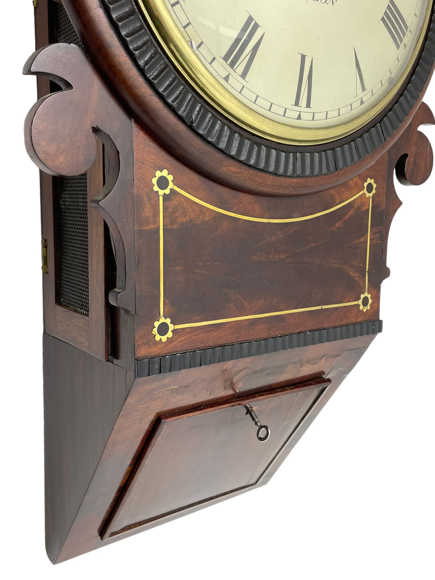 Frodsham of London - 8-day chain driven twin fusee wall clock in a mahogany case c1870, veneered case inlaid with brass stringing and motifs, shaped earpieces and chisel shaped base with pendulum adjustment door, 10” painted steel dial with Roman numerals, minute track and blued serpentine steel hands, dial inscribed Frodsham, Gracechurch Street, London, chain fusee, five-pillar, rack striking movement striking the hours on a cast bell. With pendulum.
H65 W34 D18
George Edward Frodsham, son of John Frodsham is recorded as working in Gracechurch Street, London 1869-79. Succeeded to Frodsham & Baker
