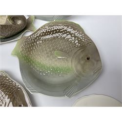 Shorter & Son six fish plates, together with a larger platter and sauce boat and saucer, all with stamped marks beneath