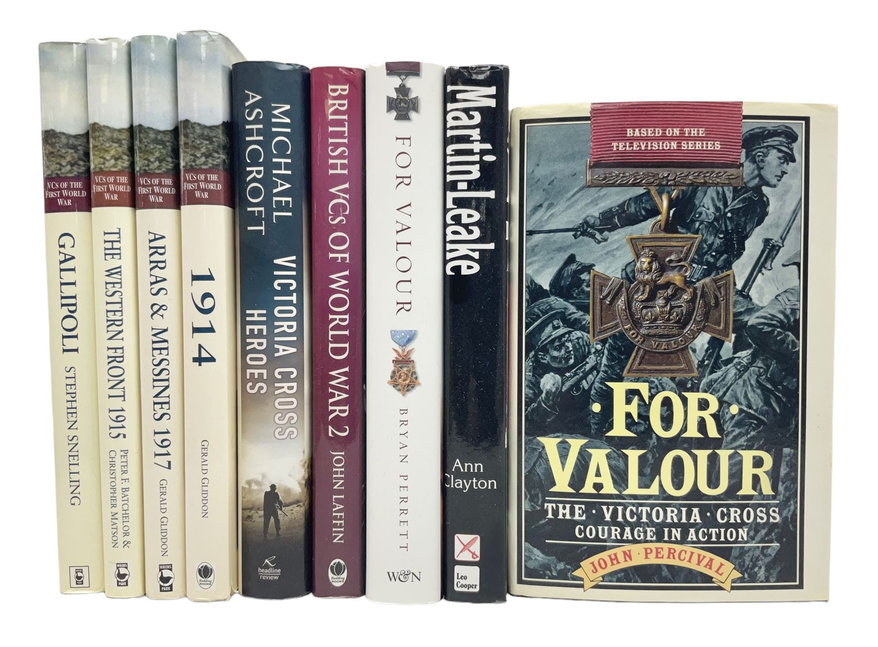 Nine reference books of Victoria Cross interest including four 'VCs of the First World War' series; Martin Ashcroft: Victoria Cross Heroes; John Laffin: British VCs of World War Two; Bryan Perrett: For Valour; Ann Clayton: Martin Leake Double VC; and John Percival: For Valour (9)