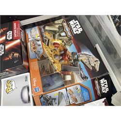 Star Wars collectables, to include Jeremy Bulloch signed poster, Funko! figures, die-cast vehicles etc, in two boxes