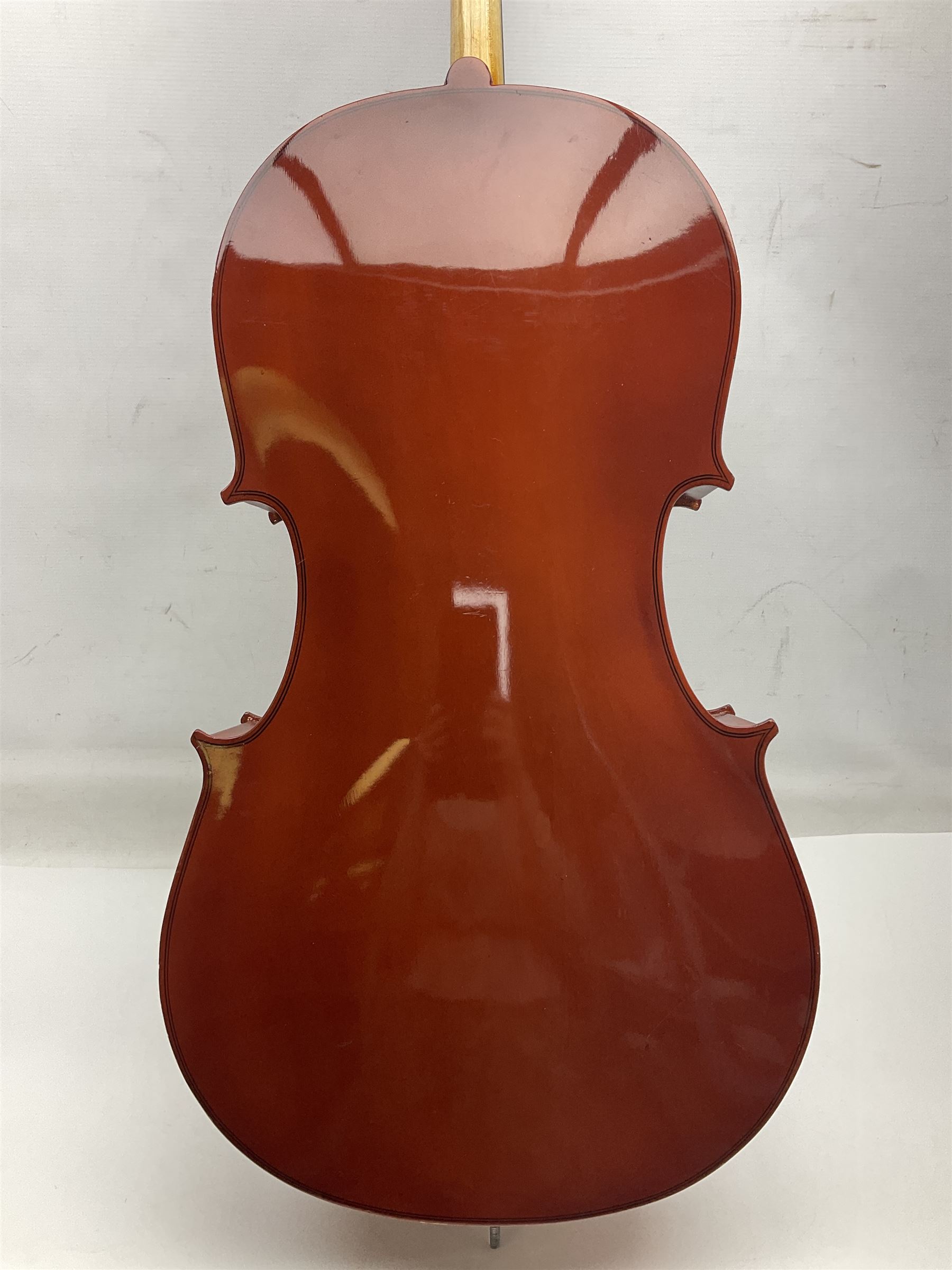 Gear4Music three-quarter sized cello with 70cm one-piece back and spruce top; bears maker's label; L112cm overall; in soft carrying case with Erich Steiner bow