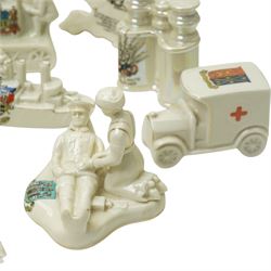 WW1 crested china including Grafton 'The Bomb thrower', Swan 'Nurse & Wounded Tommy', Model of Motor Tractor used on Western Front', two tanks, ambulance, Cenotaph etc
