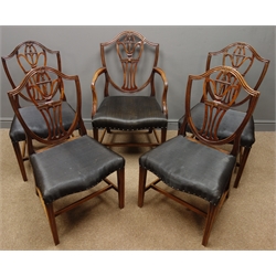  Set five (4+1) Hepplewhite style mahogany dining chairs, (4+1), arched cresting rail, pierced splat, upholstered seats, square tapering reeded supports  