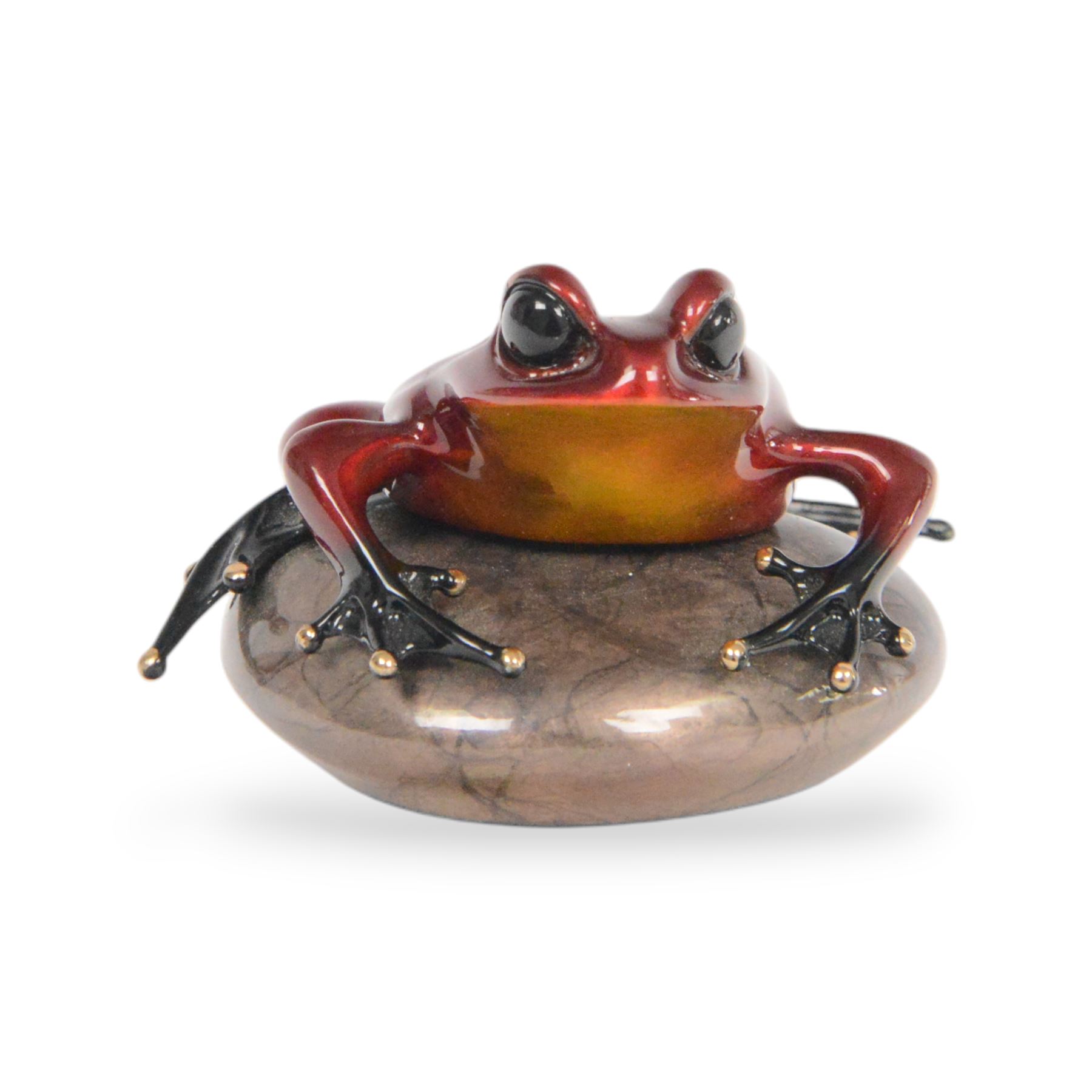 Tim Cotterill aka Frogman (British 1950-): 'Rockefeller', limited edition red patina coated solid bronze sculpture depicting a frog resting on a rock, impressed 'Frogman', signed and dated 2013, and numbered edition 661/2500 to base, W10cm