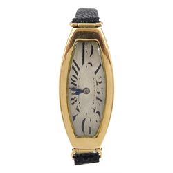1920's Art Deco 14ct gold ladies manual wind wristwatch, the reverse engraved and datd 19'21, Swiss hallmark,on black leather strap
