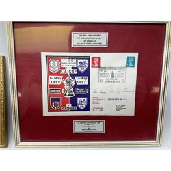 Limited edition First Day Cover 1987 for Sunderland's 50th Anniversary of Winning the F.A. Cup; signed by Raich Carter and Bobby Gurney No.1sp/500; limited edition First Day Cover 1993 to celebrate Raich Carter's 80th Birthday No.1aSp/100; photograph of the RAF XI v Scotland team including Carter and Stanley Matthews; photograph of Carter scoring against Preston N.E. in 1937; photograph of the Hull City squad on tour to Tel Aviv 1949; and photographic print entitled 'North v South Trial Match Bournemouth 2-4-27 Northern Boys' with manuscript note verso by Carter identifying which is him; all framed; Provenance: By direct descent from the family of Raich Carter having been consigned by his daughter Jane Carter (6)