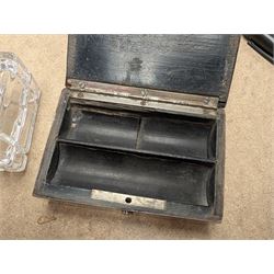 Two silver mounted boxes, including embossed example, decorated with cherubs, birds and scrolls, and a square glass example engraved with initials, both hallmarked 